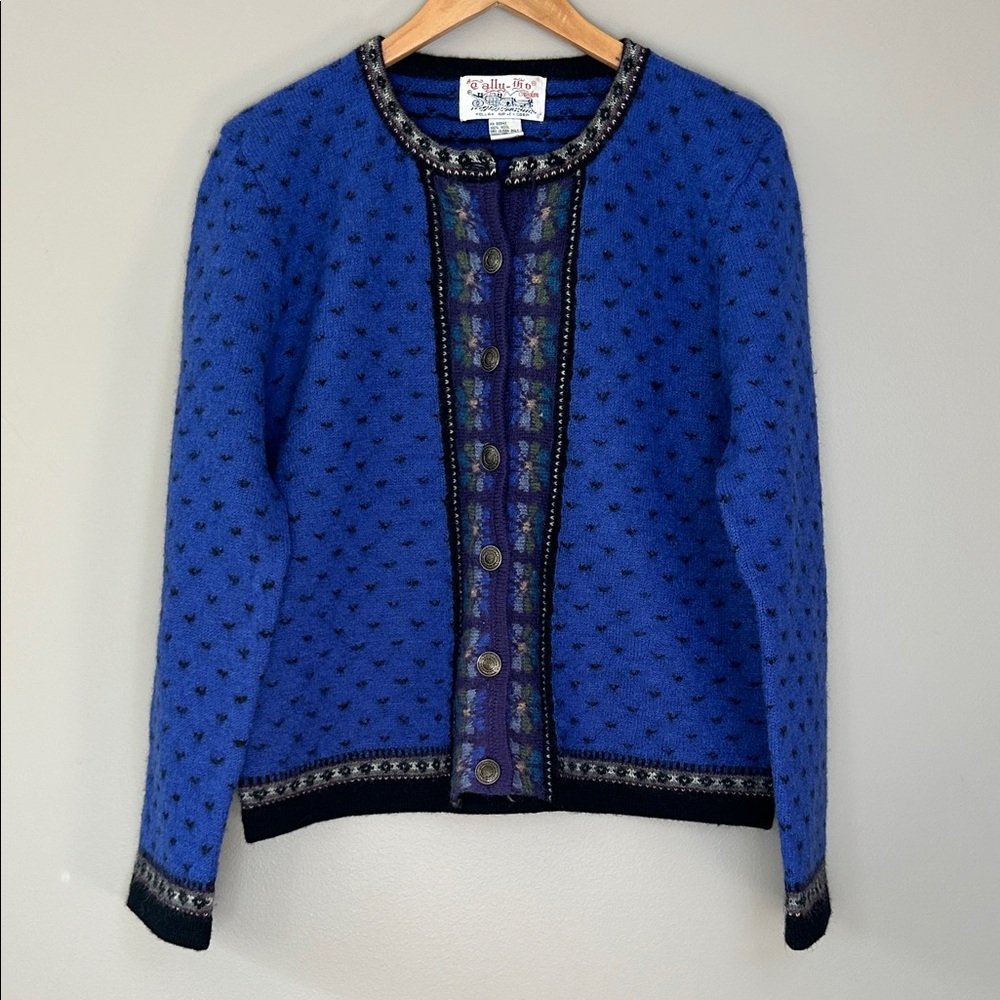 Vintage‎ Tally-Ho Scandinavian Fair Isle Wool Cardigan Sweater Size M Blue Black